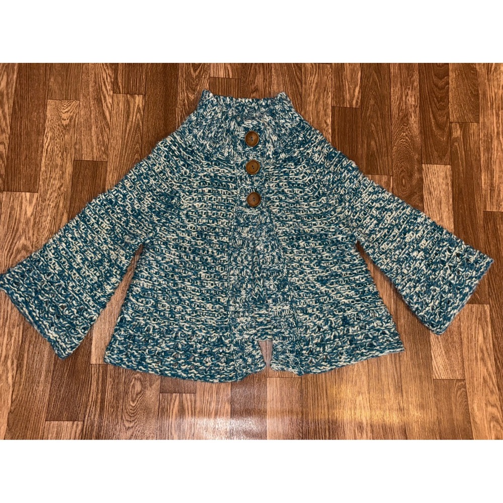 Free People Teal Marled‎ Wool Blend Chunky Knit Bell Sleeve Cardigan Sweater M